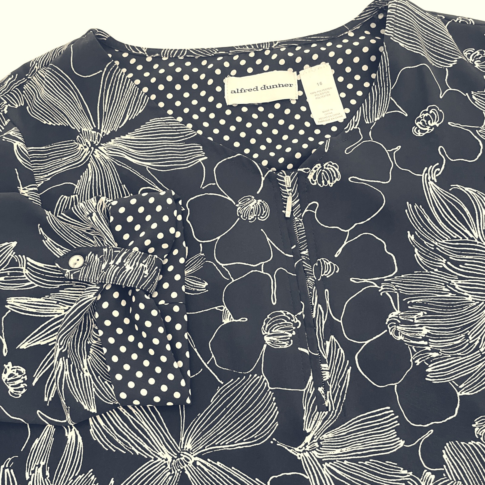 Alfred Dunner Floral Print Top Women's 16 Polka Dot Trim Roll Tab Sleeve